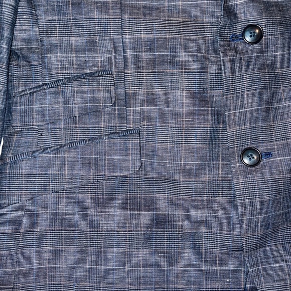 Egara Blue 100% Linen Plaid Windowpane Sport Coat Blazer 42 Long Slim Mens - Picture 8 of 14